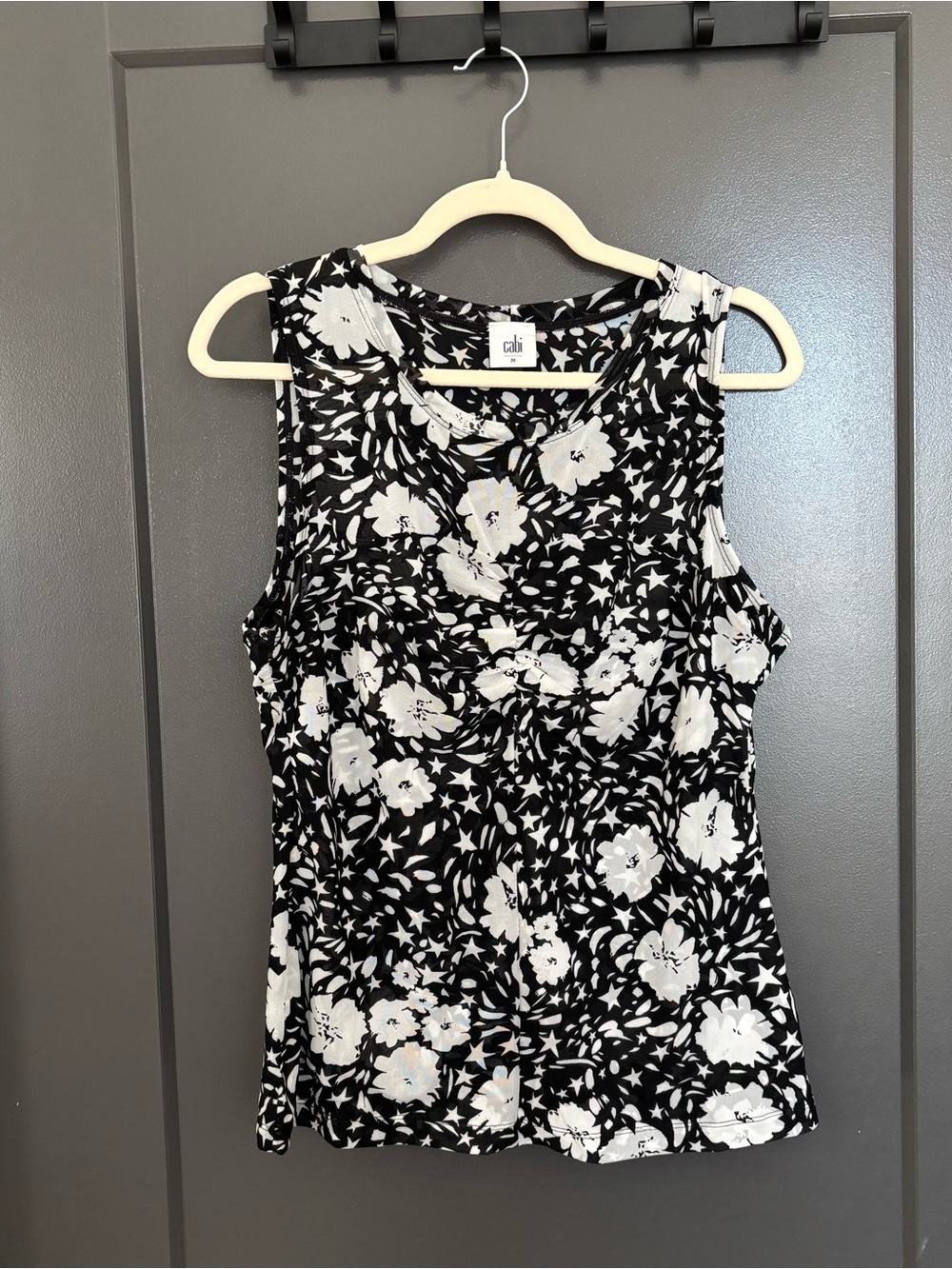 CAbi Black White Floral Star Mesh Sleeveless Top Size M